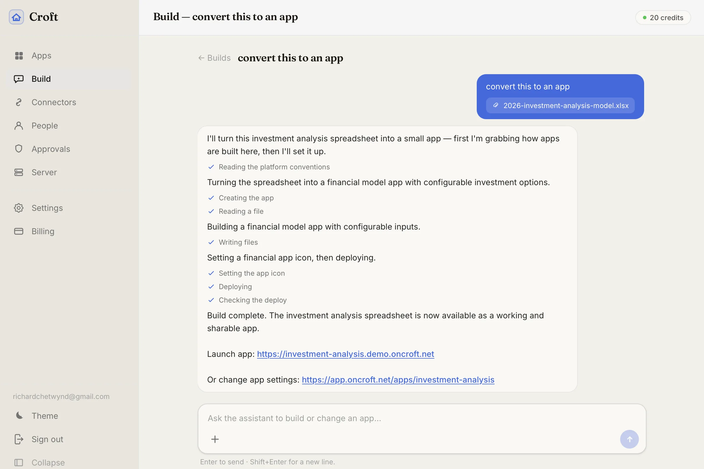 Croft Build - an AI chat inside Croft turning a spreadsheet into a working, shareable app, step by step, then handing over a live link.