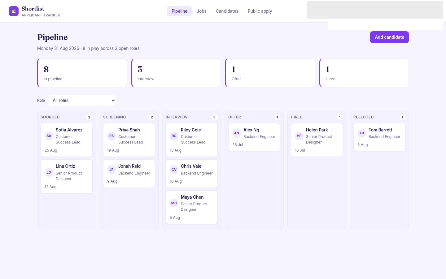 Applicant tracker built on Croft. Jobs and candidates on a hiring pipeline, with notes and a public apply form.