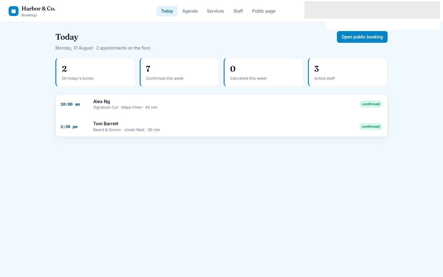 Booking built on Croft. Service appointments: a catalog, staff hours, public booking, then confirm, cancel, or reschedule.