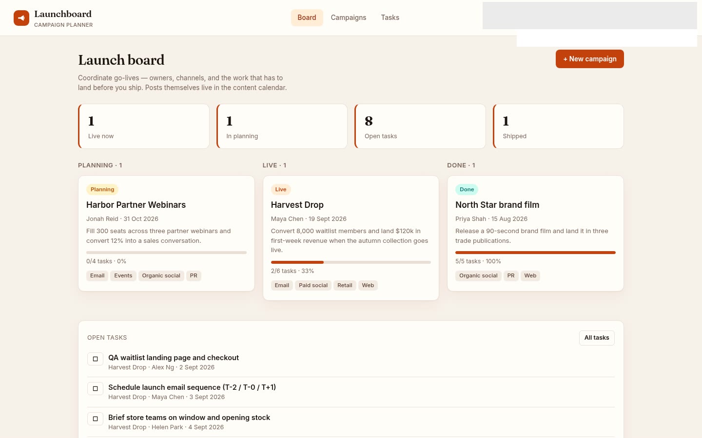 Campaign planner built on Croft. Launch campaigns with a goal, an owner, planning/live/done, channels, and tasks.