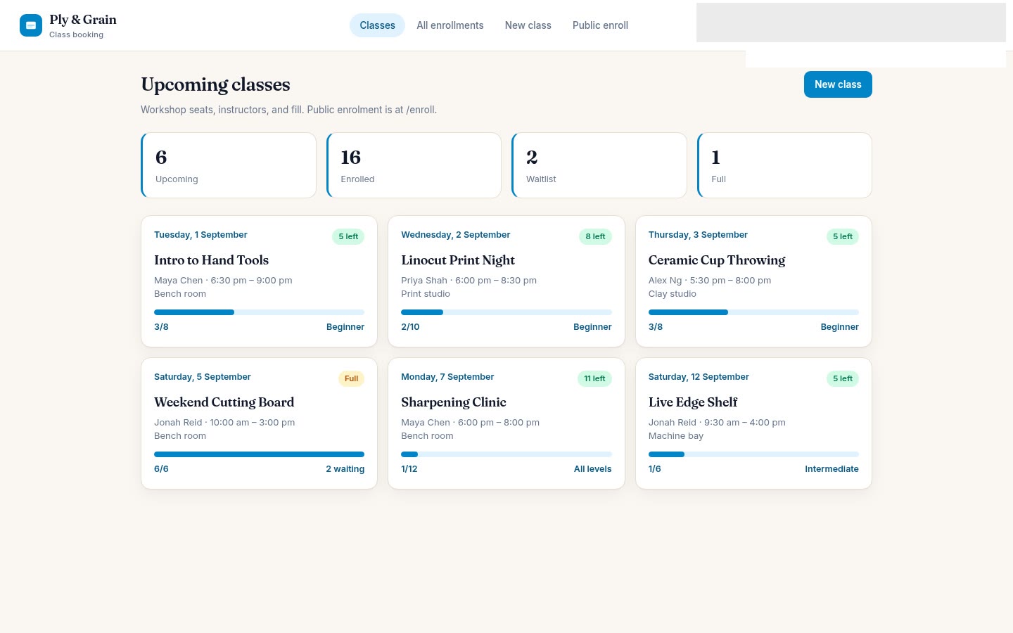Class booking built on Croft. A class schedule with capacity, a waitlist, and a public enrol page.