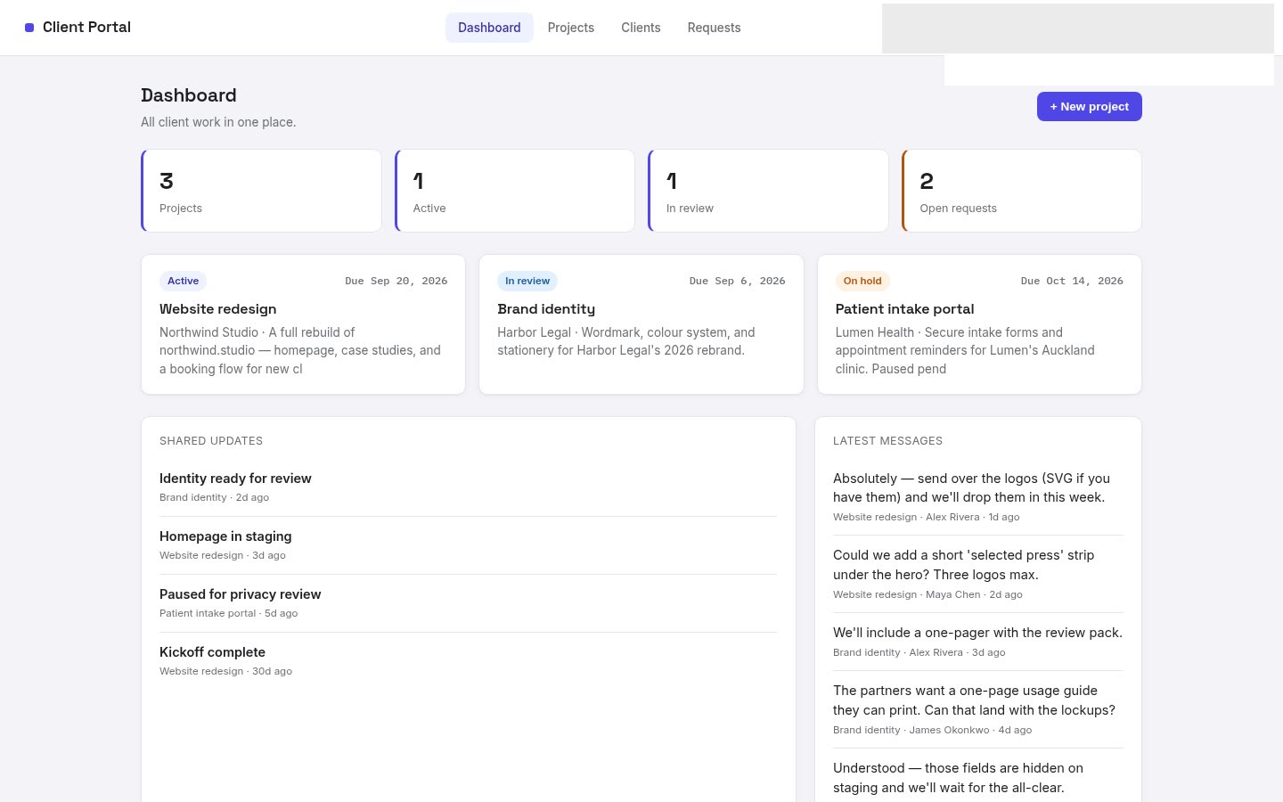 Client portal built on Croft. Clients see their projects, status, notes, and messages. Staff see everything.