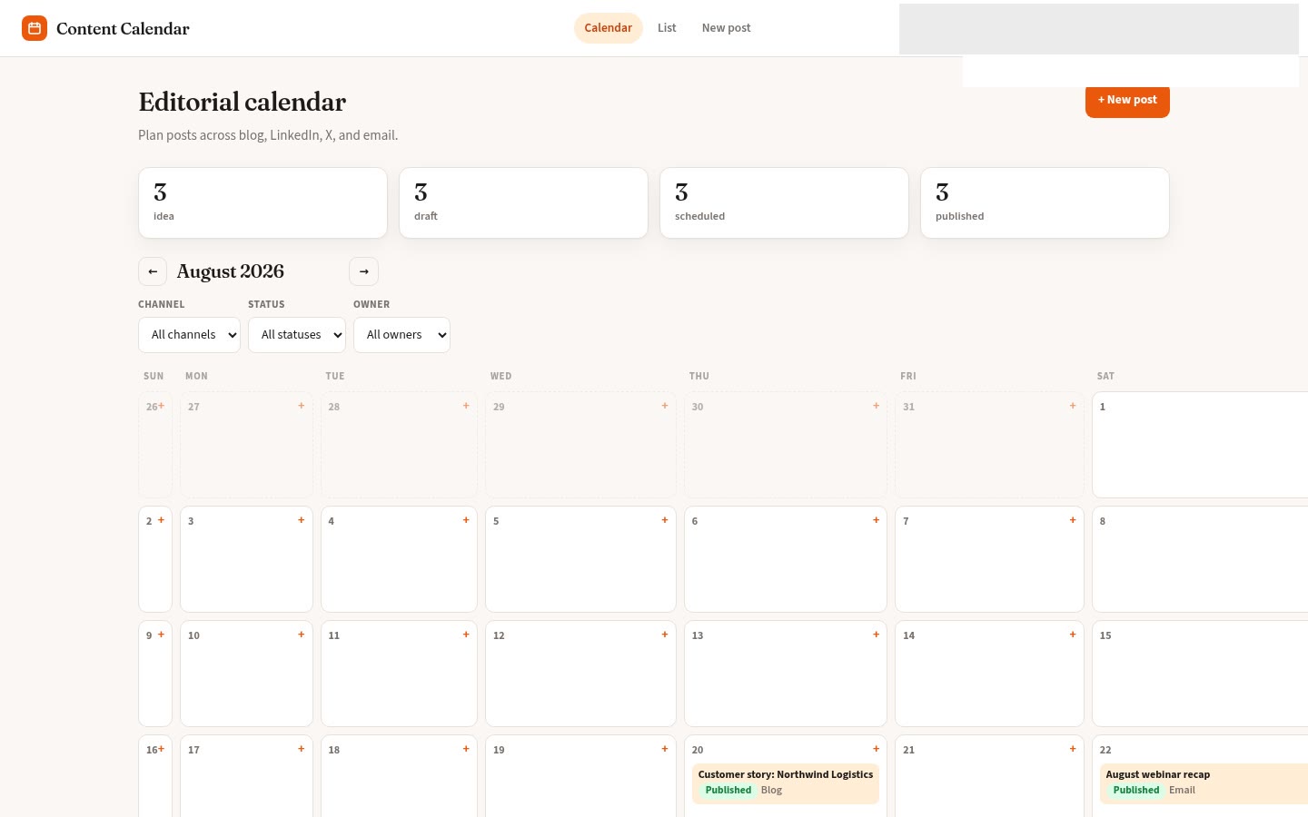 Content calendar built on Croft. Posts by channel and status, with month and list views and filters.