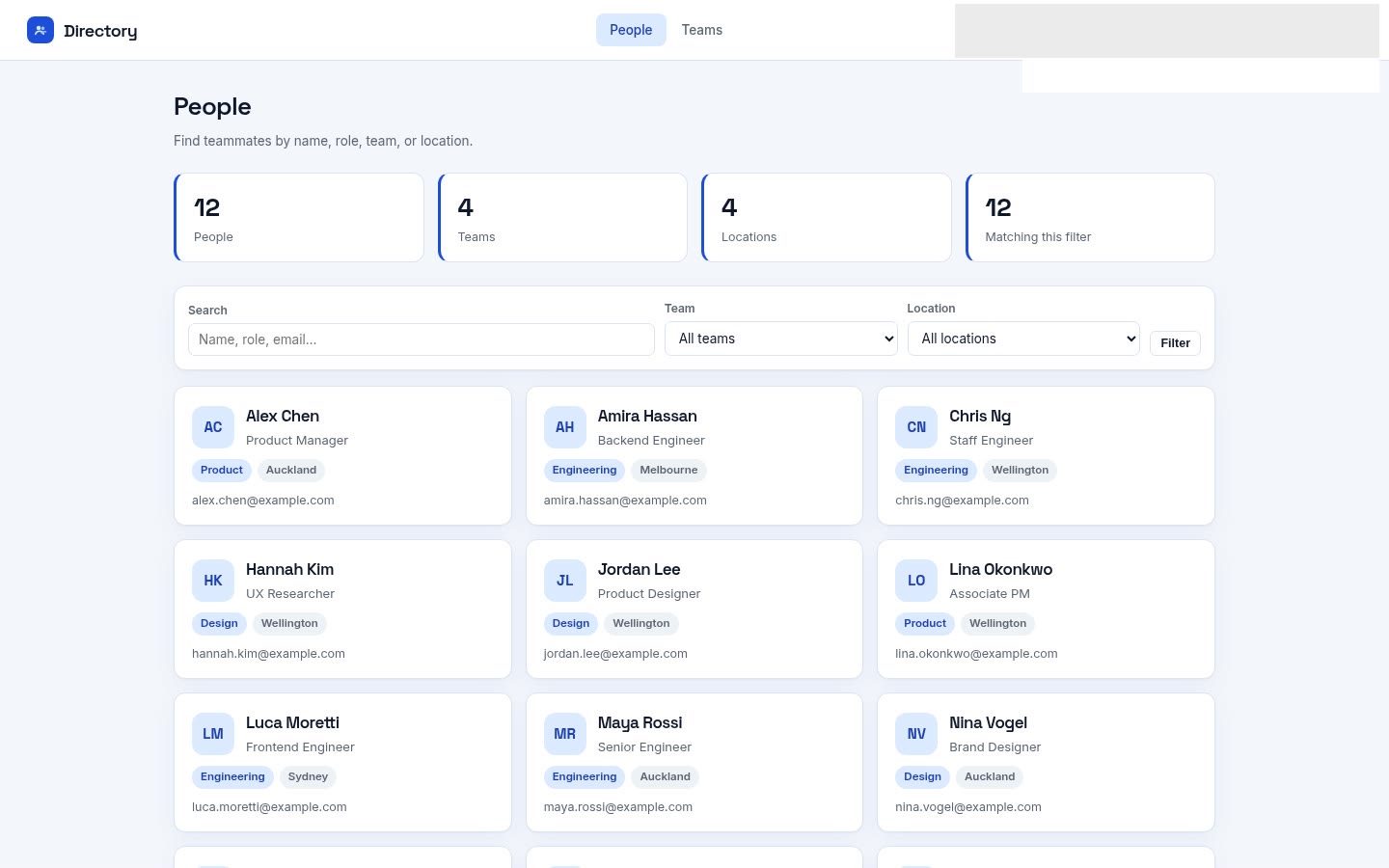 Directory built on Croft. An employee directory: role, team, email, location, start date, with search and filter.