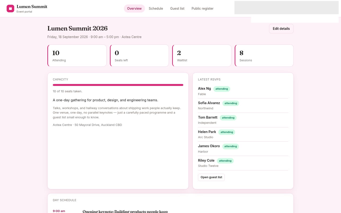 Event portal built on Croft. Event details, a session schedule, a guest list, plus public register and schedule pages.