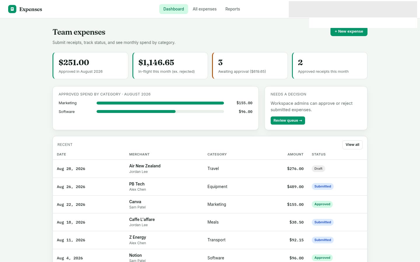 Expenses built on Croft. Team expense claims with merchant, category, and amount, plus draft through rejected statuses, monthly totals, and CSV export.