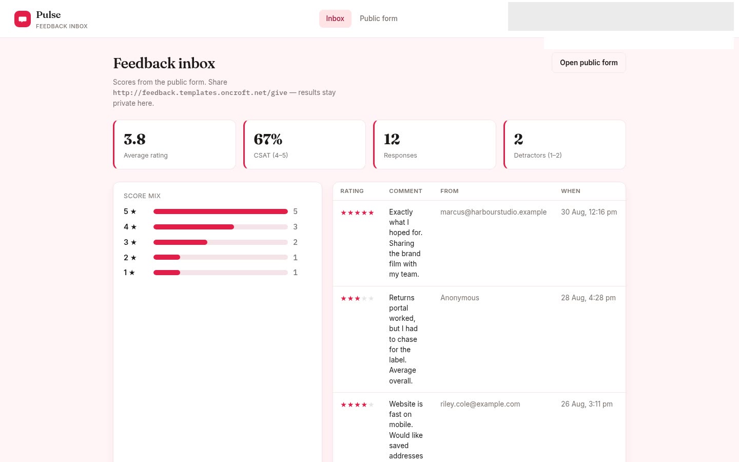 Feedback built on Croft. A public CSAT form (1 to 5 plus a comment) and a private averages dashboard.