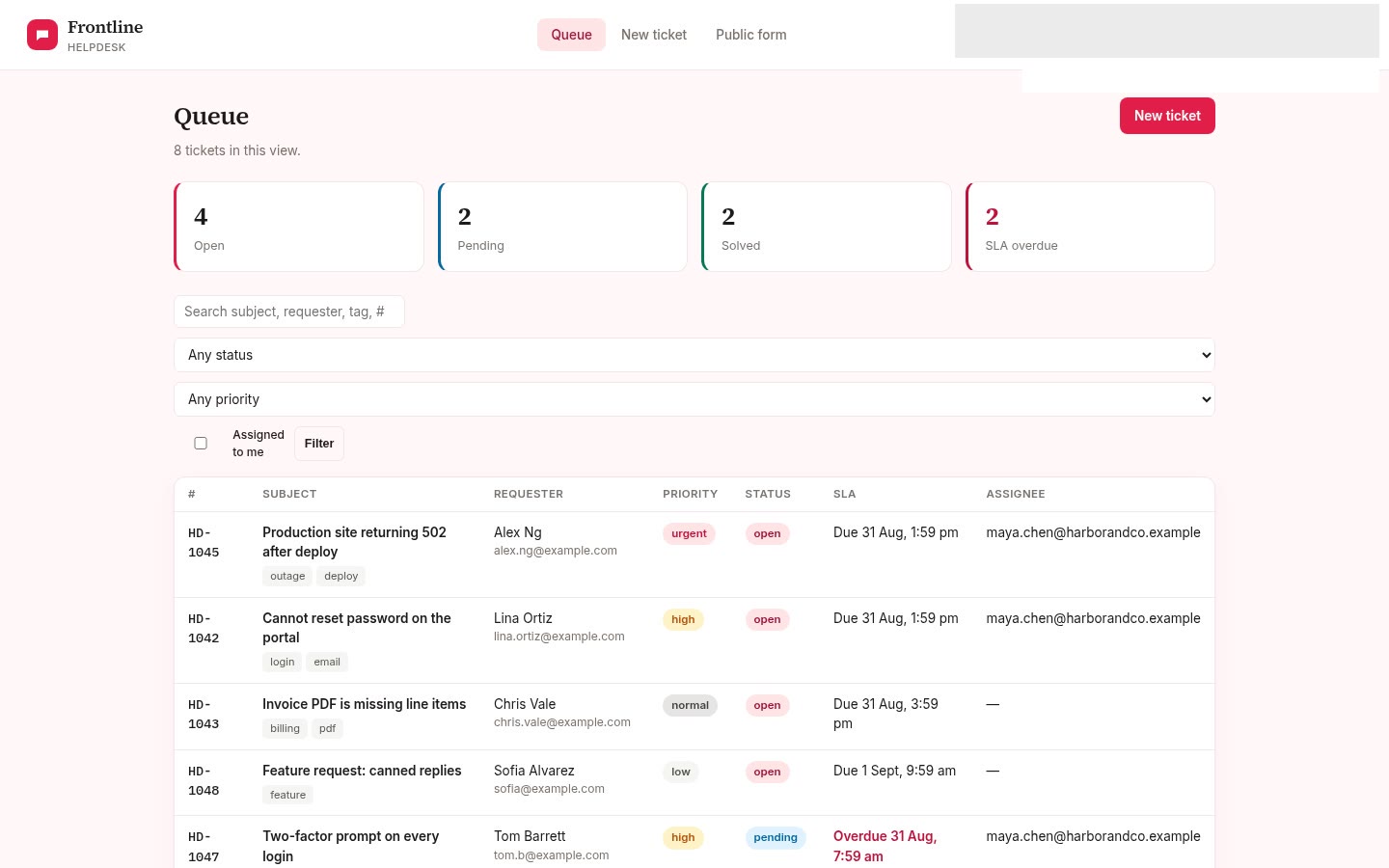 Helpdesk built on Croft. Tickets with a queue, status, priority, SLA, replies, and tags, plus a public submit form.