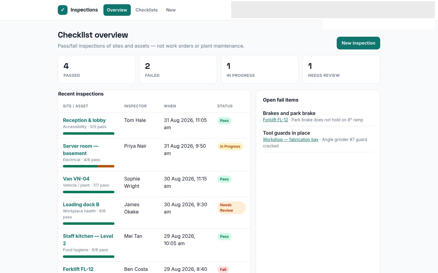 Inspections built on Croft. Checklist inspections for sites and assets, with pass or fail items, notes, and an overall status.