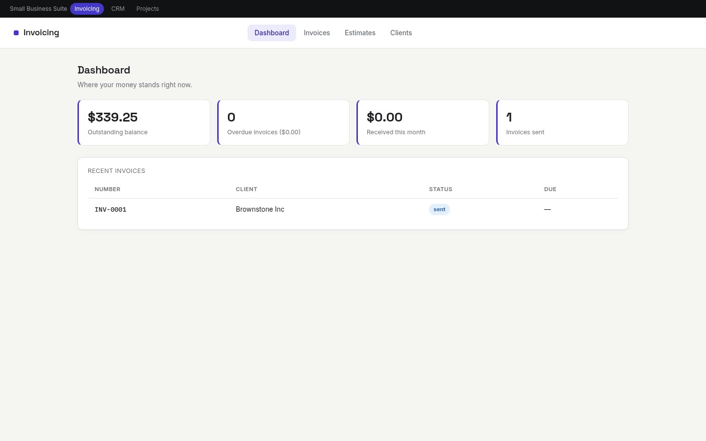 Invoicing built on Croft. Clients, estimates, invoices with line items, tax, and discount, plus payments and a print-ready view.