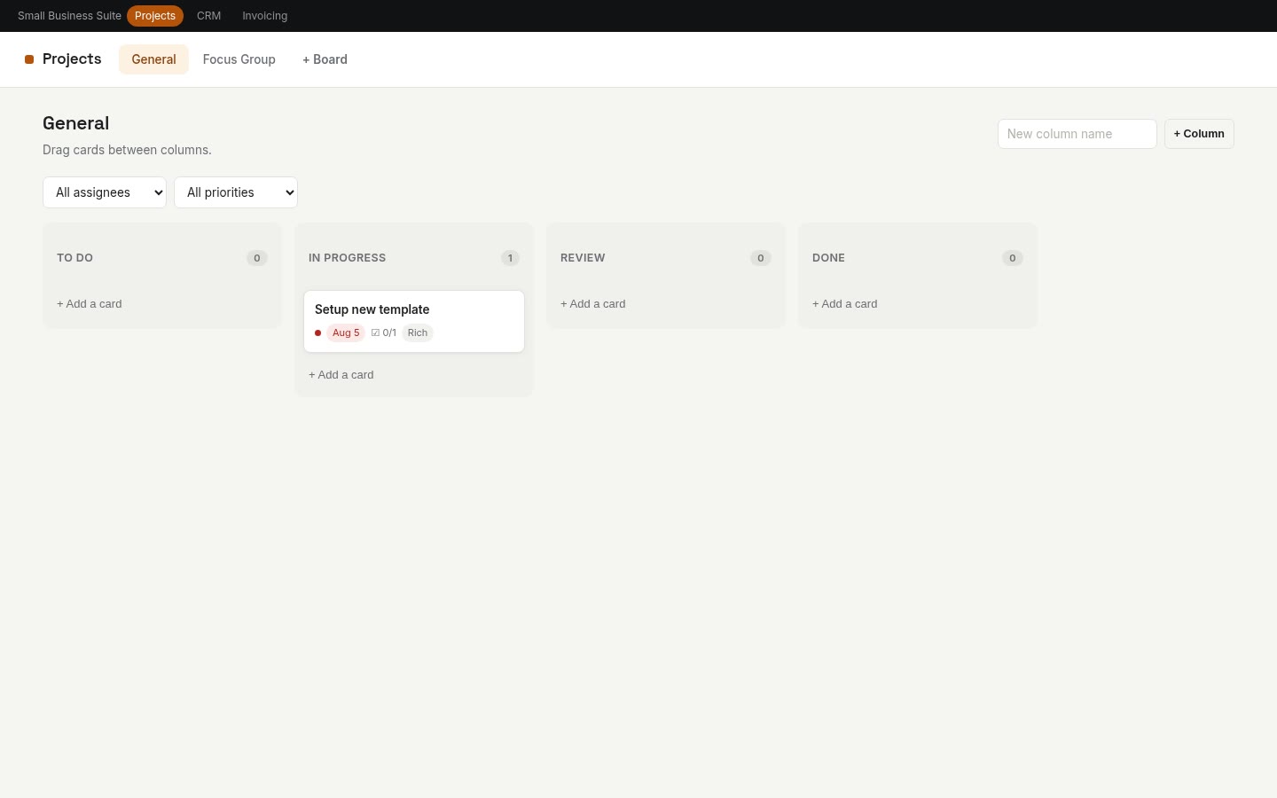 Kanban built on Croft. Project boards with columns, drag-and-drop cards, checklists, comments, filters, and free-text assignees.