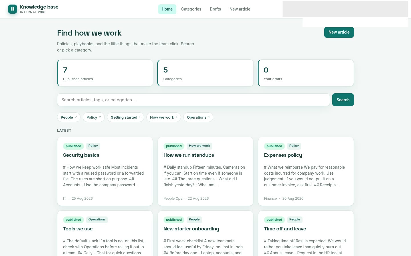Knowledge base built on Croft. An internal wiki: articles, categories, tags, published or draft, and search.