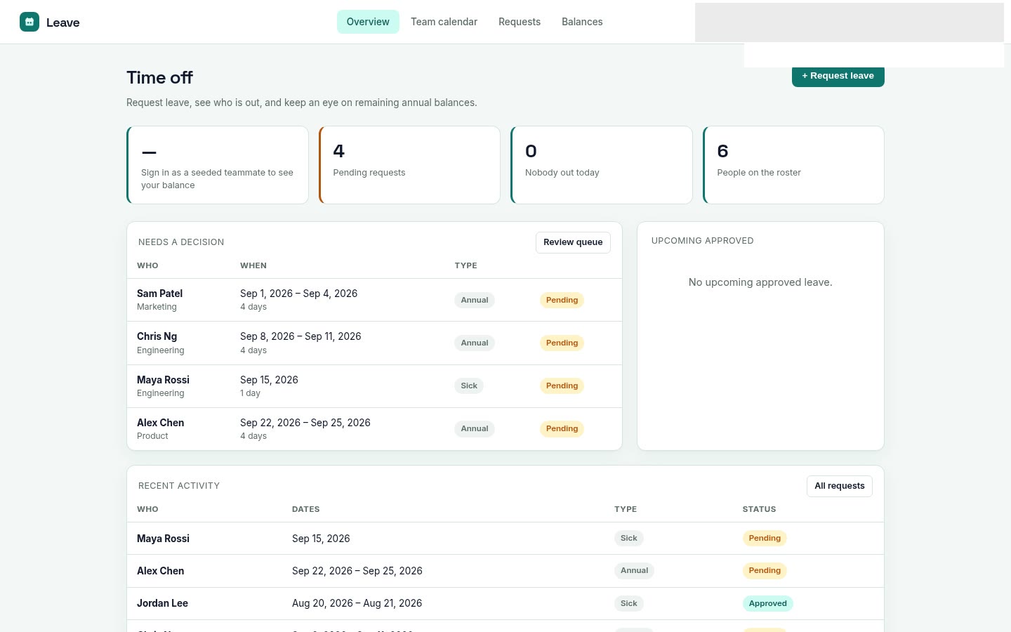 Leave built on Croft. PTO requests with type and dates, pending/approved/denied, a team calendar, and remaining balances.