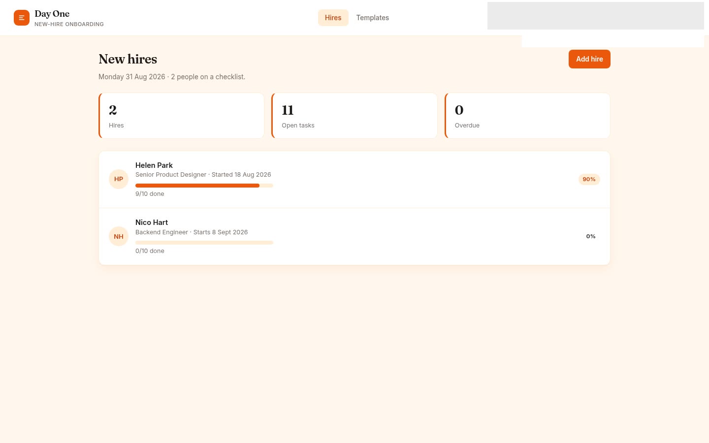 Onboarding built on Croft. Checklists assigned to new hires with owners, due dates, and per-person progress.