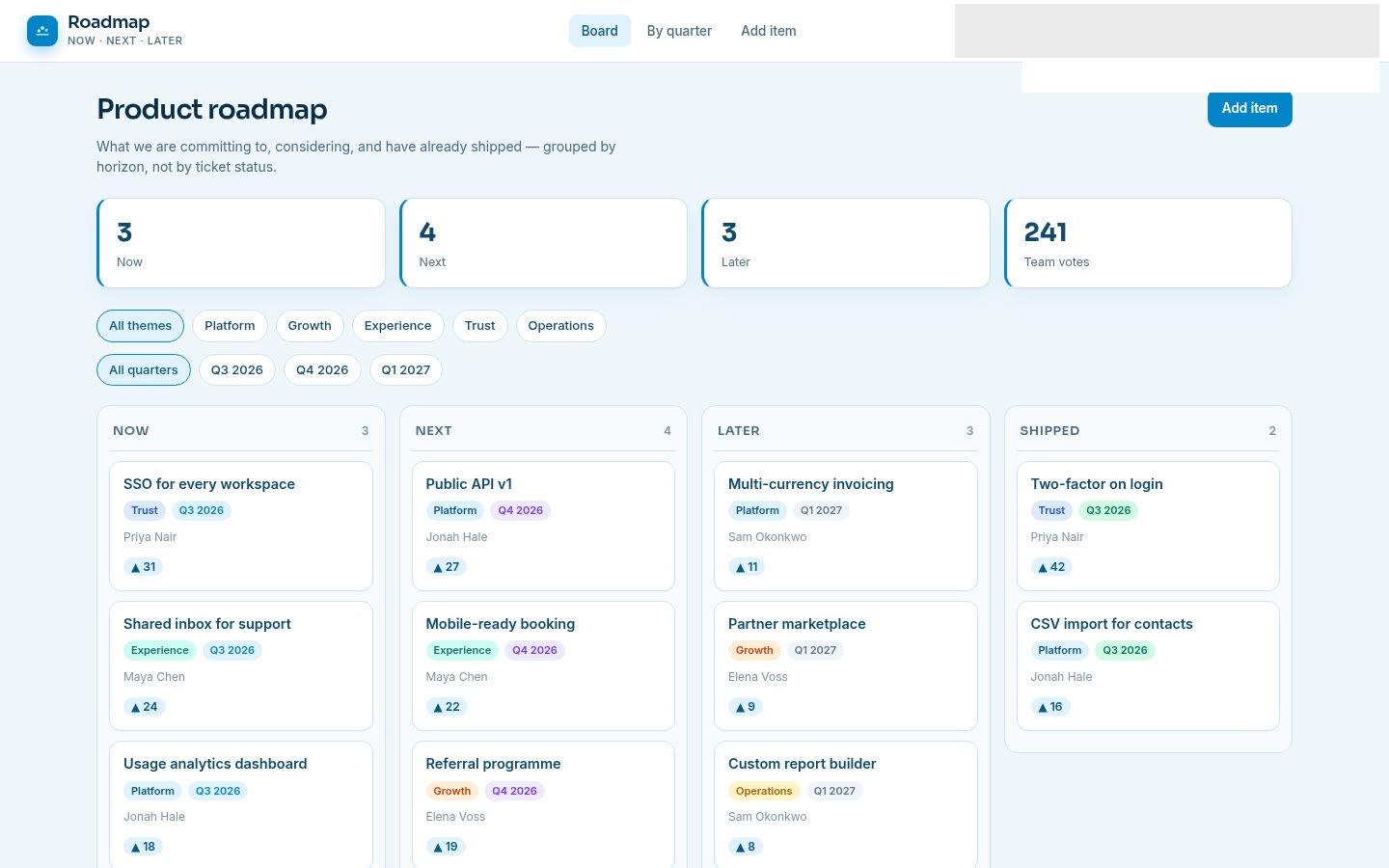 Roadmap built on Croft. A product roadmap with now, next, later, and shipped, plus themes, quarters, and team votes.