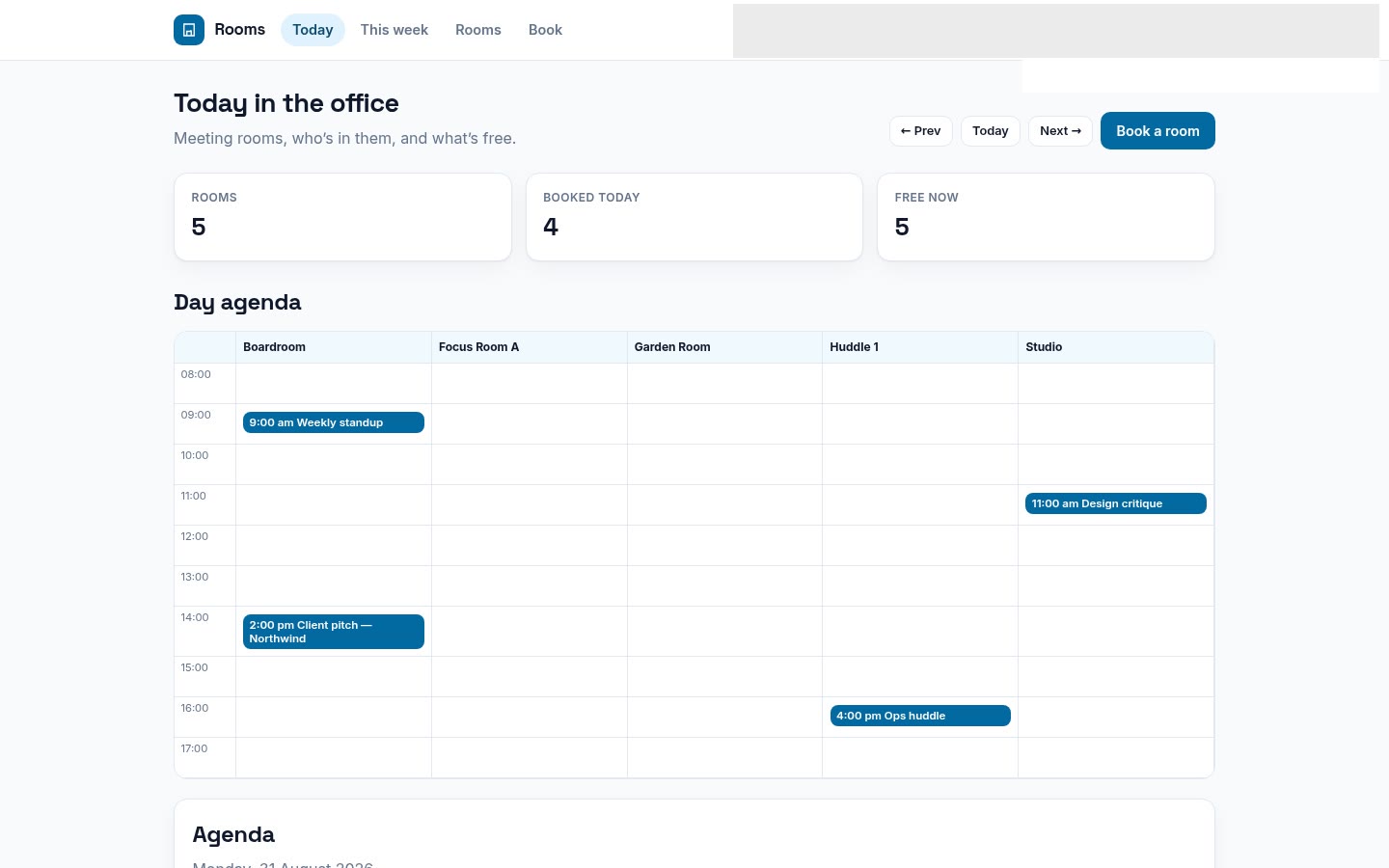 Room booking built on Croft. Internal meeting-room reservations with conflict detection and day and week agendas.