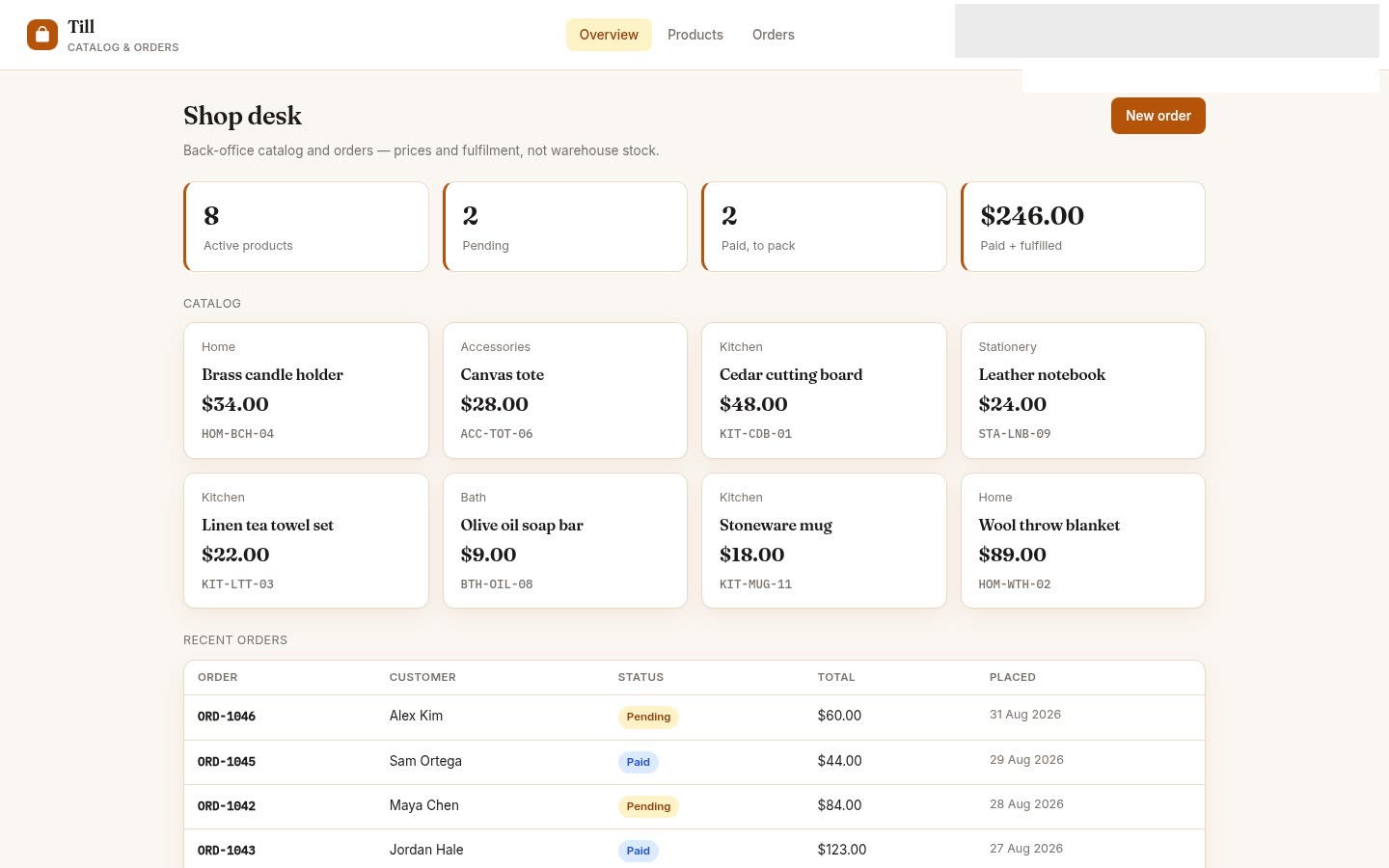 Store built on Croft. A back-office catalog and orders with products, line items, pending, paid, or fulfilled.