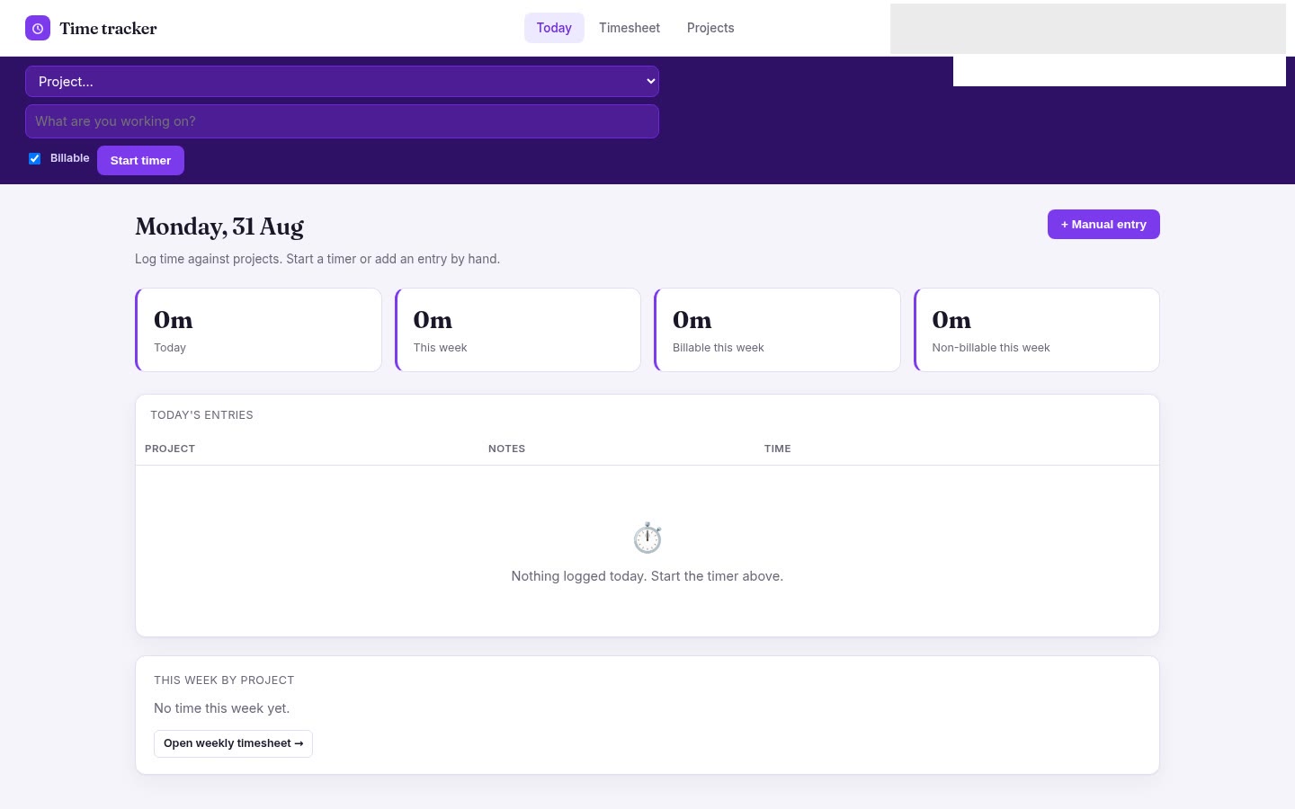Time tracker built on Croft. Time against projects, a start/stop timer, a weekly timesheet, and billable vs non-billable.