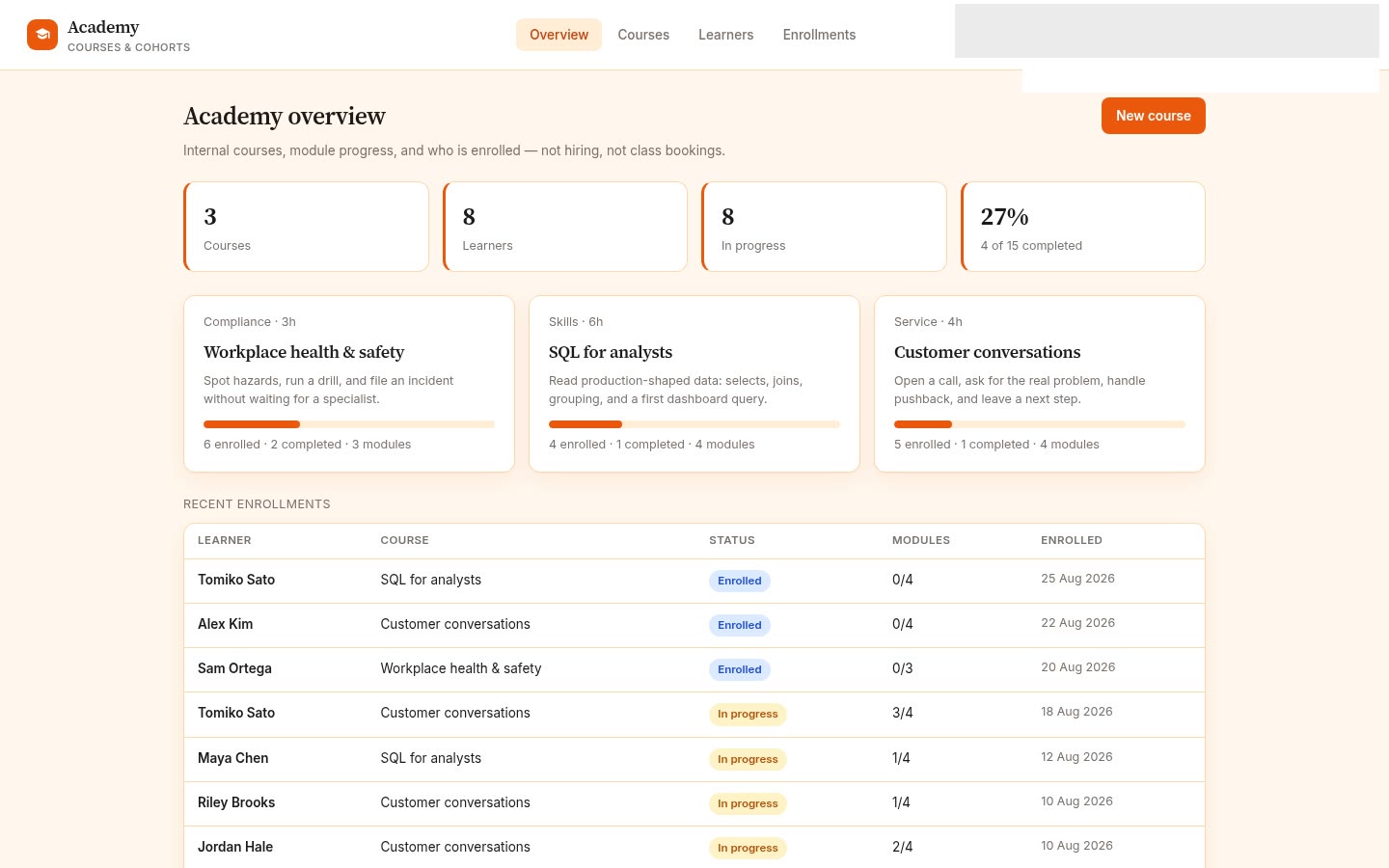 Training built on Croft. Internal courses with modules, enrolments, and completion tracking.