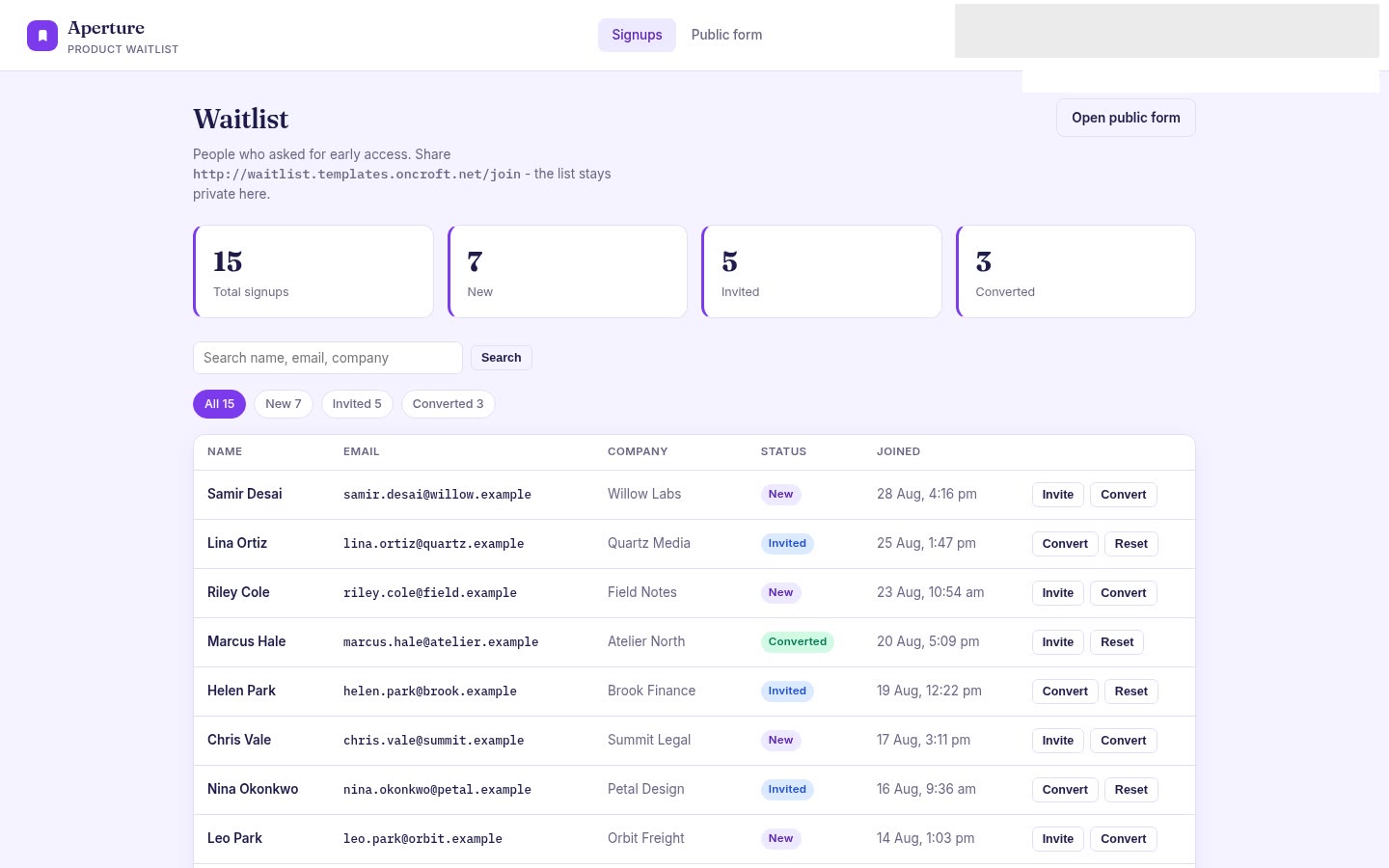 Waitlist built on Croft. A product waitlist with a public join form and a private list of new, invited, and converted people.